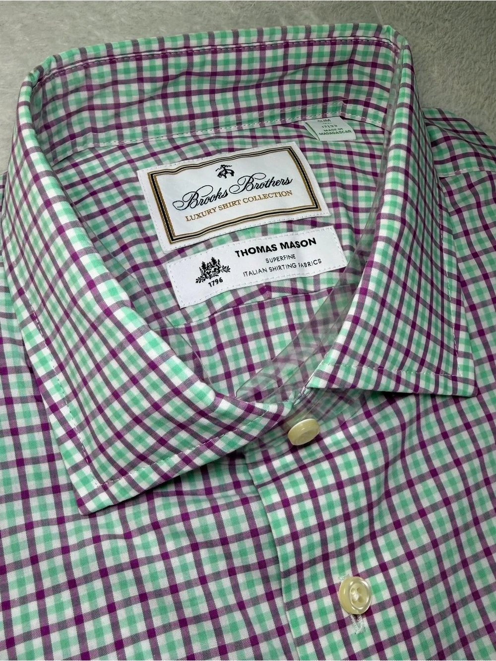 Brooks Brothers Thomas Mason Purple Green Check Dress Shirt NWT 17/33 Slim Fit